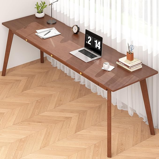 Long Solid Wood Desk with Drawers - 70.9” Mid Century Modern Executive Desk for Two People Home Office Computer Desks Vintage Writing Study Table for Any Room - 2 Person Desks -Walnut