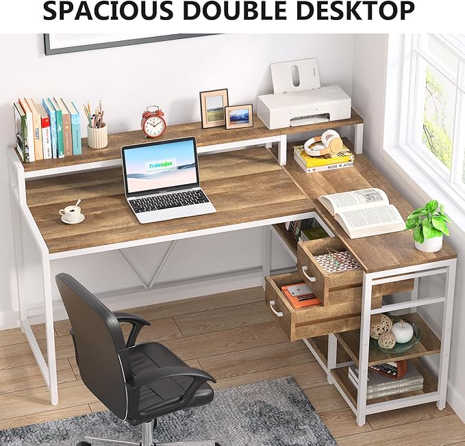 Tribesigns L Shaped Desk with Drawers and Monitor Stand L Corner Desk with Storage Shelves Beige Wooden PC Table for Samll Home Office