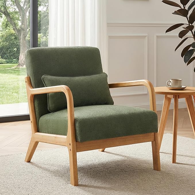 Mid Century Accent Chair Comfy Arm Chair with Solid Wood Frame Upholstered Modern Chair for Living Room Bedroom Waiting Room Green