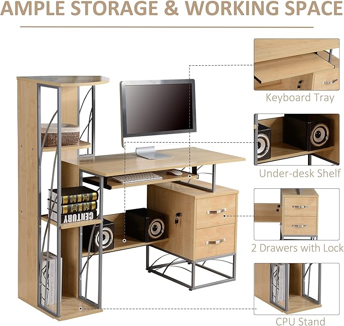 Modern Computer Desk with 4 Tier Bookshelf Home Office Writing Table Workstation with Tower Storage Shelves Keyboard Tray Lockable Drawers Natural