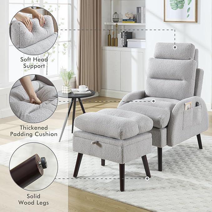 Accent Chair with Ottoman Set Comfy Teddy Reading Chair and Ottoman Modern Oversized Lounge Armchair with Adjustable Backrest for Living Room Bedroom Light Grey
