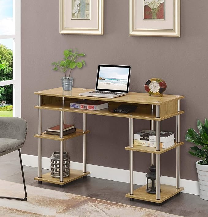 Convenience Concepts Designs2Go No Tools Desk Home Office Desk with Shelves Corner Shelf Vanity Desk Computer Desk Nail Table for Nail Tech - 47.25 L x 15.75 W x 30 H English Oak