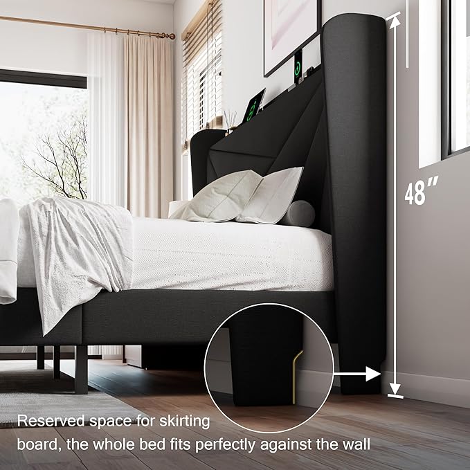 Full Size Upholstered Bed Frame with Charging Station Platform Bed Frame with Storage Headboard Solid Wood Slats Support No Box Spring NeededBlack