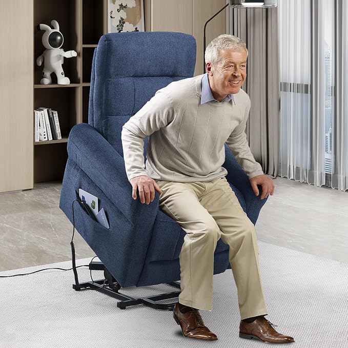 Power Lift Recliner Chair Electric Power Lift Recliner Chair for Elderly Single Seat Chenille Reclining Sofa with Side Pocket for Bedroom Living Room Office (Blue)