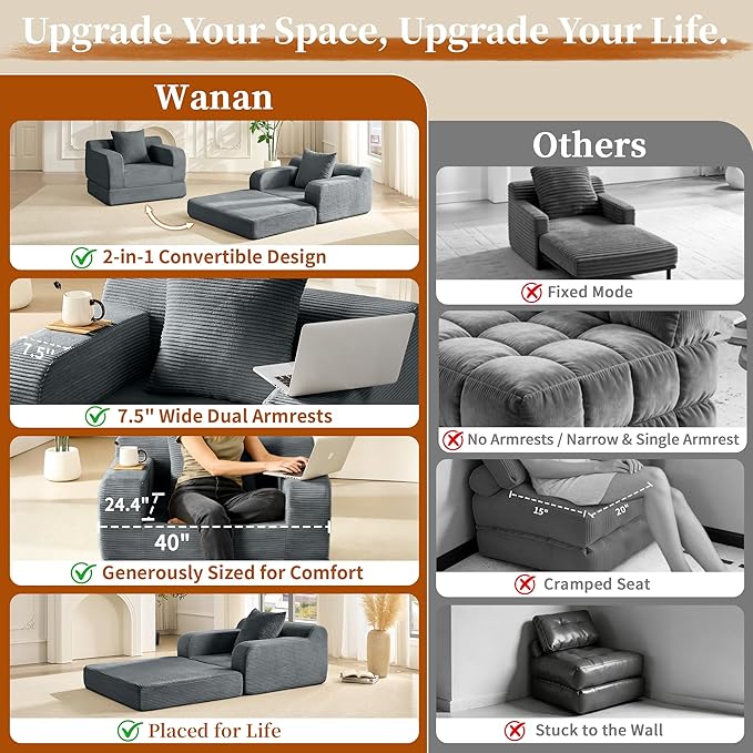wanan 40 W Folding Sofa Bed 2-in-1 Convertible Bed Sofa to Boneless Sleeper Chair for Adult Comfy Armchair with Back Support Armrests and Pillow for Living Room Bedroom Single Dark Gray | Easy-
