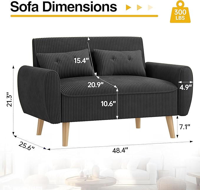 JAMFLY 47'' Small Loveseat Sofa 2 Seat Compact Couch with Tapered Legs Black Upholstered Furniture Solid Wood Frame Comfy Foam Cushion Easy Assembly for Small Spaces