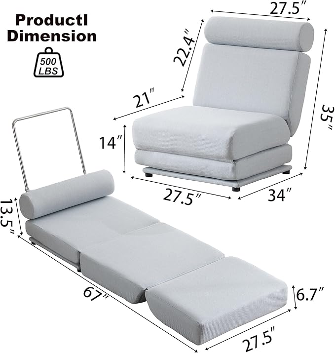 Convertible Chair Bed Sleeper Fold Out Sleeper Chair Modern Style Light Grey-Blue Perfect for Relaxing Sleeping Lounging