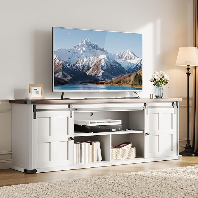 GAOMON 70 Farmhouse TV Stand for 80/75/70 Inch TVsEntertainment Center Storage Cabinets w/Power Outlets and Sliding Barn DoorRustic TV Stands for Living RoomMedia Console Cabinet (White+Wood)