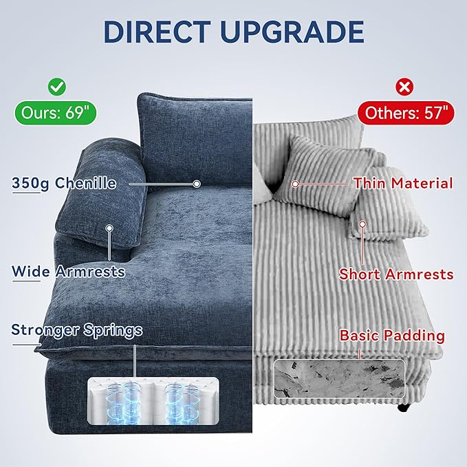 69 Oversized Boneless Chaise Lounge Chair Indoor No Assembly Blue Lounge Couch Chenille Upholstered Sofa Bed with Pocket Springs Reading Chair with Ottoman for Living Room Bedroom Office