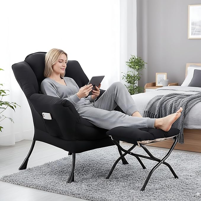 Lazy Chair with Ottoman Comfy Fabric Accent Lounge Arm Chair with Lumbar Pillow and Folding Footrest Reading Leisure Sofa Chair for Bedroom Living Room DormBlack