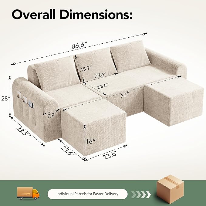 Cloud Modular Sectional Sofa No Assembly Deep Seat Chenille Couch with 2 Ottomans 3-Seater Modular Sofa for Living Room Beige