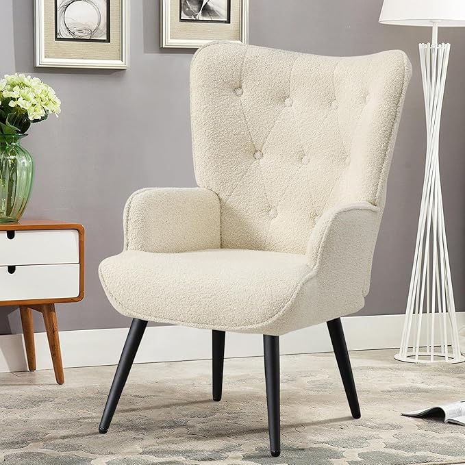Furniliving Boucle Accent Chair for Living Room Upholstered Reading Chair with High Backrest Tufted-Button Wingback Armchair for Bedroom Dressing Room Home Office Ivory White
