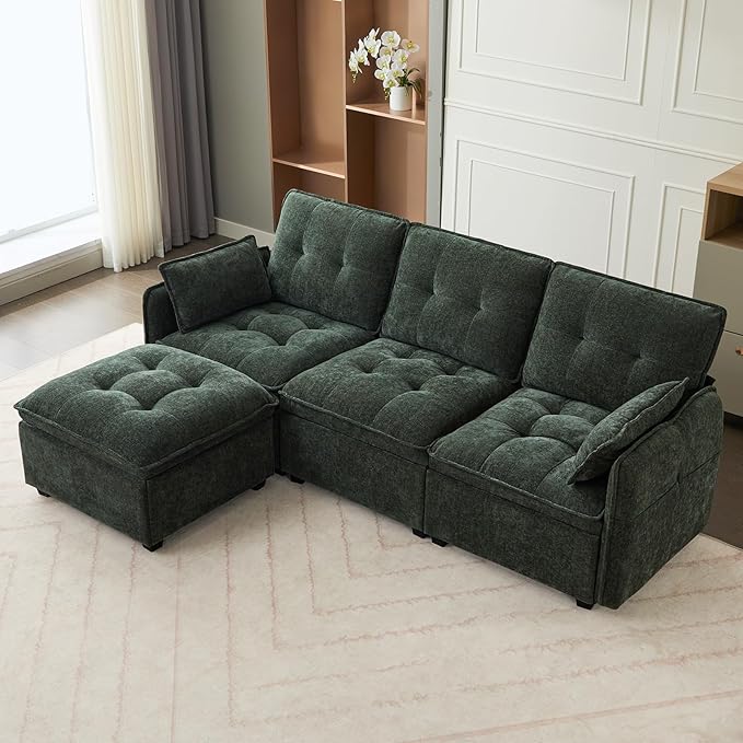 98'' Modular Sectional Sofa Comfty Cloud Couch L Shape with Movable Ottoman 4-Seat Chenille Deep Seat Sofa with Throw Pillow Sectional Couches for Living Room Office(Green 3-seat)
