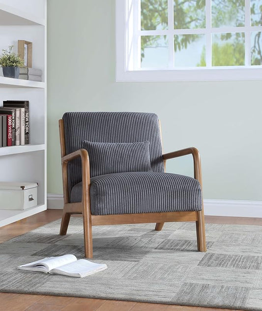 Wooden Accent Arm Chair Mid Century Armchair Comfy Modern Corduroy Accent Chair Boho Arm Chair with Pillow for Bedroom Lounge Living Room (Gray)