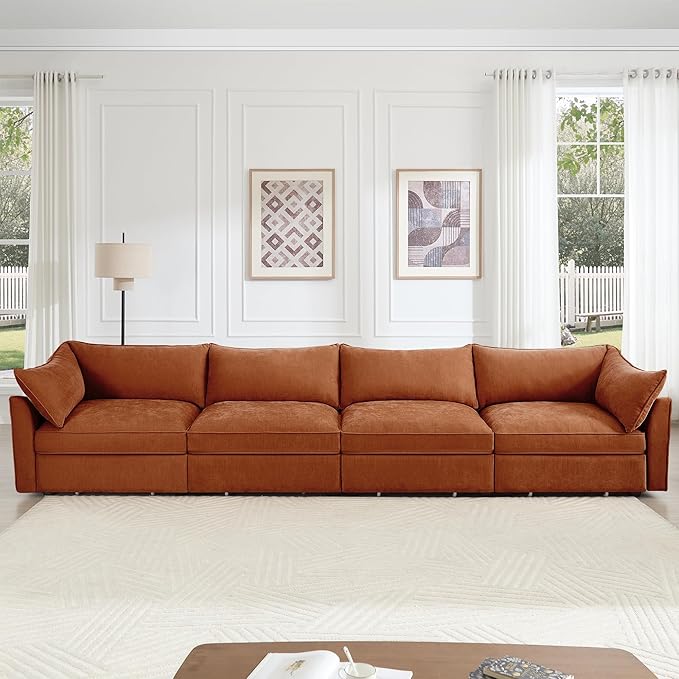 Aoowow Modular Sectional Sofa with Pullout Storage Seat 146.4” Chenille Comfy 4-Seat Sofa Couch Upholstered Deep Seat Couches with Armrests for Living Room Apartment OfficeOrange