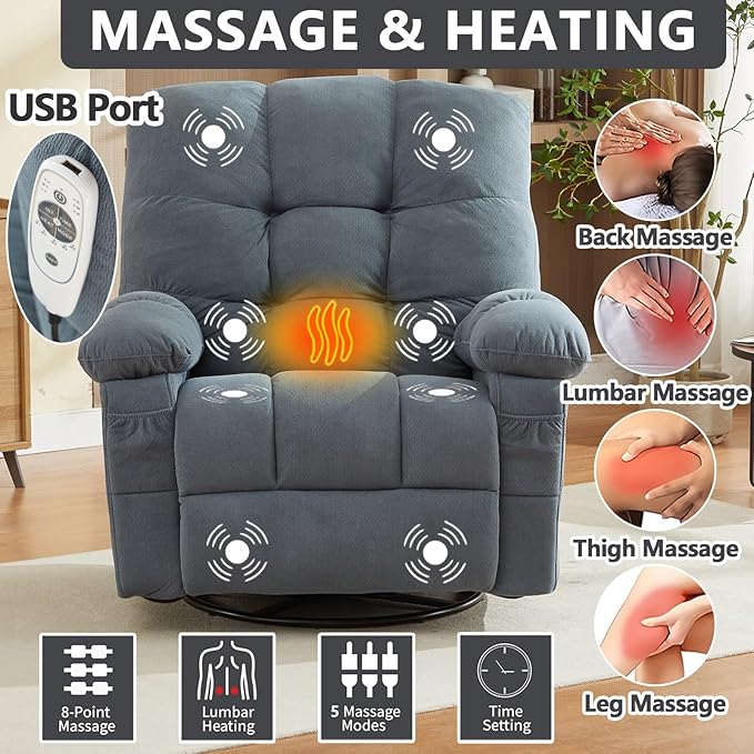 Oversized Recliner Chair &amp Massage Chair Recliner with HeatCozy Lazy Boy Recliners Chairs for Adults Rocker Recliners Chairs&ampManual Reclining with Adjustable BackrestPockets (Blue2)