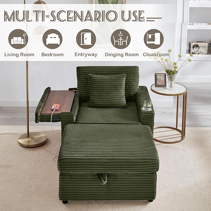 Chaise Lounge Chair Indoor with Ottoman Corduroy Sofa Bed with Table Board USB Ports Cup Holder &amp Pillow Boneless Chaise Lounge for Storage Space Living Room Bedroom Apartment (Green)