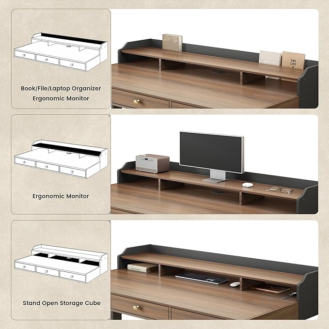 Standing Desk with 3 Drawers 47.2 x 26 Inches Height Adjustable Desk with Monitor Shelf Electric Stand Up Table with Storage for Home and Office Black Walnut