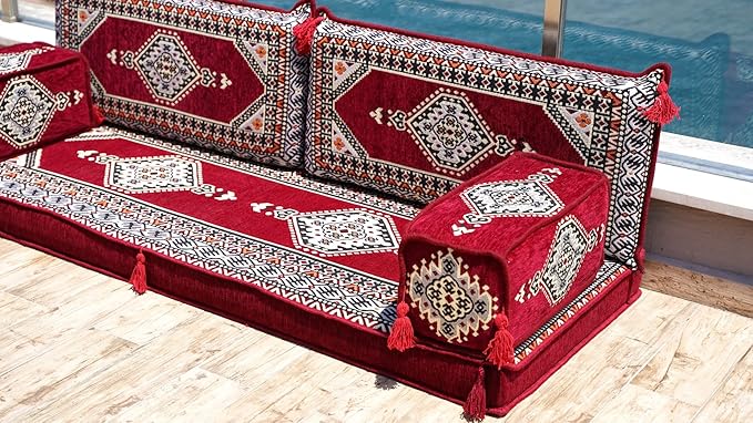 arabicsofa Maroon Arabic Floor Seating Sofa – Handmade Majlis Set for Guest Room