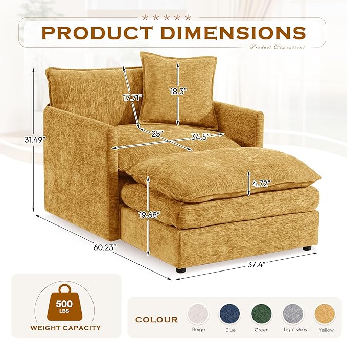 Oversized Chaise Lounge Chair Indoor Modern Comfy Chenille Cloud Accent Chair and A Half with Ottoman Single Deep Seat Sofa Couch Reading Armchair for Living Room Bedroom Apartment Mustard Yellow