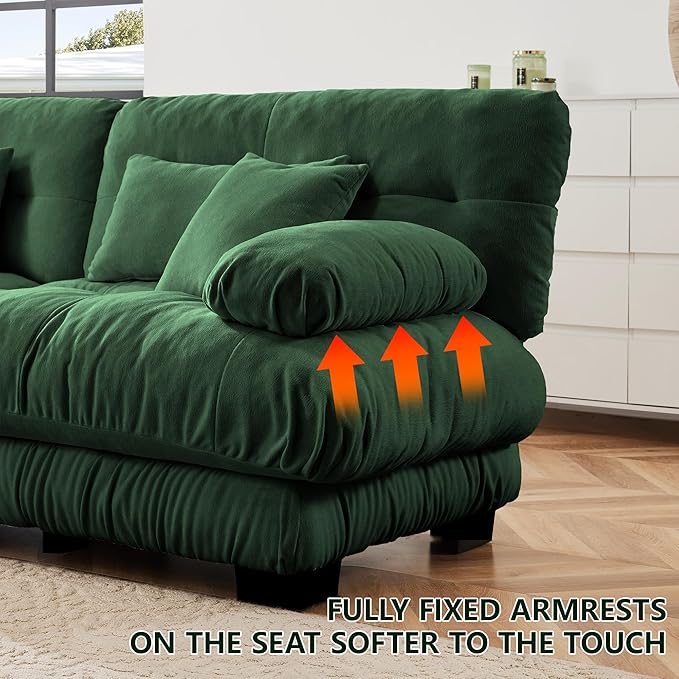 94.4 L-Shape Modular Cloud Sectional Sofa with Chenille Plush Fabric - 2 Seater Couch with Deep Seat and Movable Ottoman for Living Room Apartment and Office - Green
