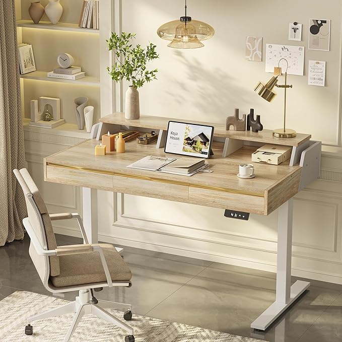 TIQLAB Standing Desk with 3 Drawers 47 Electirc Sit Stand Desk with Storage Height Adjustable Computer Desk Modern Home Office Desk with Monitor Stand Maple