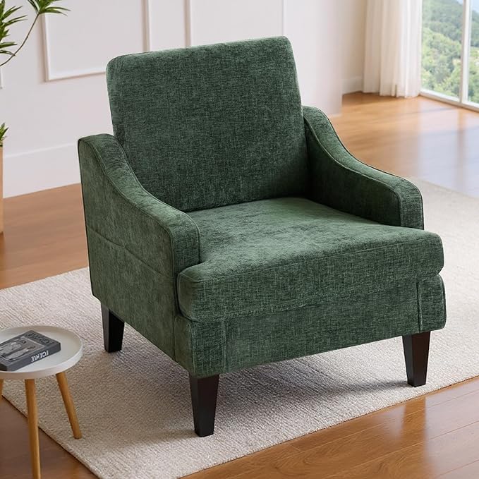 Set of 2 Accent Chair for Living RoomMid-Century Arm Chair Chenille Fabric Living Room ChairsUpholstered Reading Chair for BedroomSingle Sofa Chair with Wood Legs for Apartment (Green)