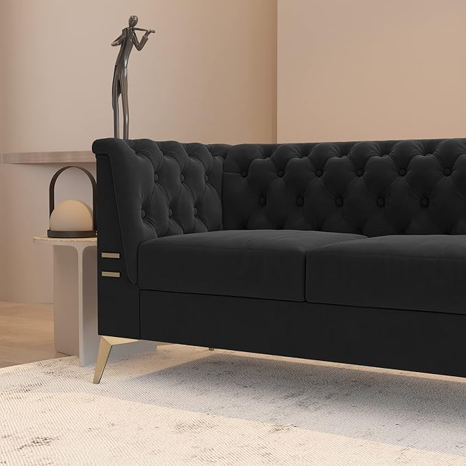 Black Chesterfield Velvet Couch for Living Room3 Seater Tufted Sofa with Gold Metal Legs Large Upholstered Comfy Couch (Black 82)