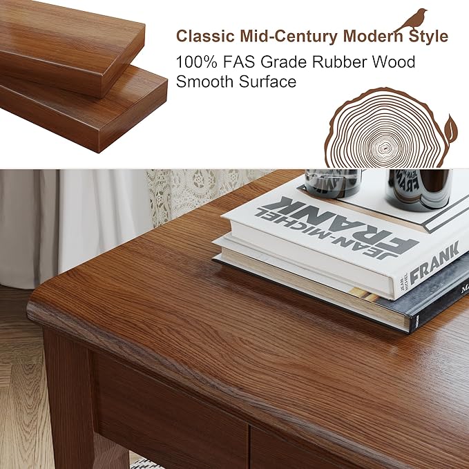 Solid Wooden Desk with Drawers - 32 x 16 Inch Narrow Desks Rubberwood Mid Century Modern Desks Small Writing Desk for Bedroom|Small Spaces - Walnut Color