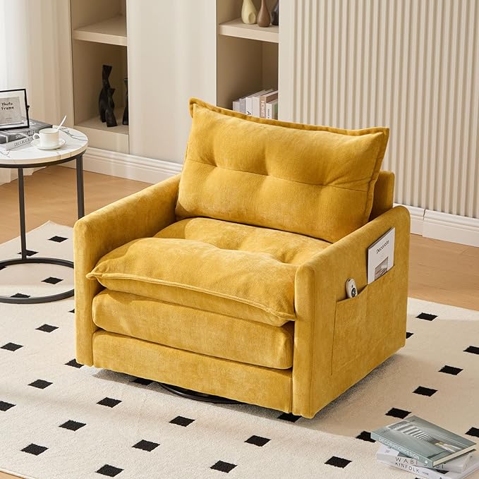36.2 Oversized Square Swivel Accent Chair 360° Rotating Barrel Armchair Comfy Single Cloud Sofa Chair with Metal Base and Thick Padded for Nursery Bedroom Living Room &amp Offices (Mustard Yellow)