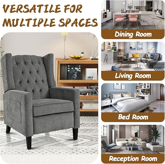 Wingback Recliner Chairs with Foldable Side Table&ampUSB Charging PortsMid Century Accent Single Sofa Small Recliner ChairModern Comfy Pushback Reclining Chair for Living Room (Polyester Grey)