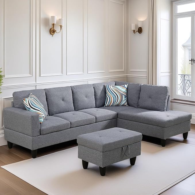 FONTOI L Shaped Sectional Couch Sofa Modern Couches for Living Room Comfy 4 Seat Modular Sectional Sofa with Ottoman Storage for Bedroom Apartment Gray