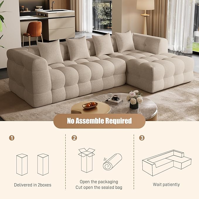 120 Boneless-Couch L-Shaped Sofa for Living Room Cloud Couch with Chaise Lounge Sectional Upholstered Chenille Deep Seat Couches with 4 Pillows No Assembly Required Light Brown