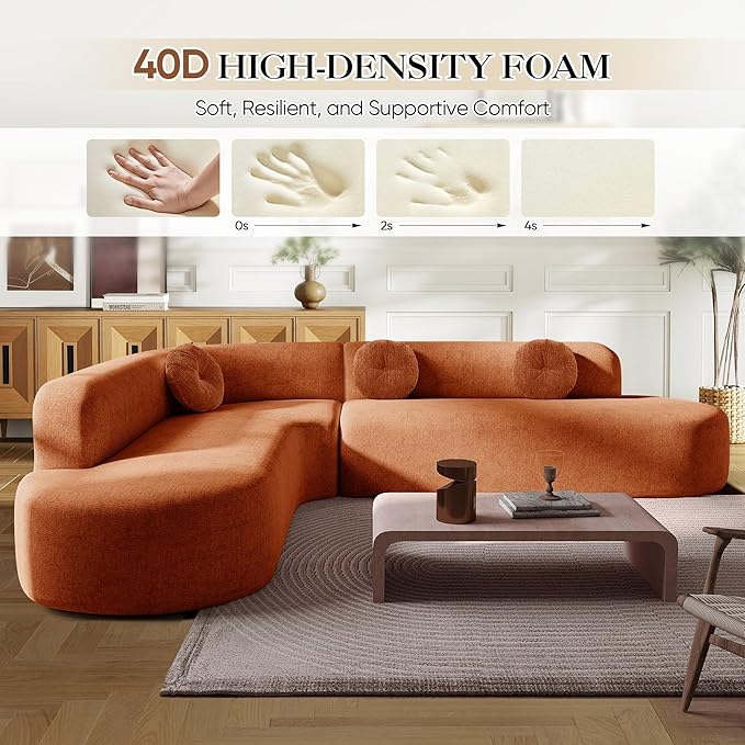 Deep Seat Curved Sectional Sofa - Cloud Round Couch with Elegant Curved Design &amp 3 Round Cushions L-Shaped Comfy 4 Seater Floor Sofa No Assembly Required (Orange)