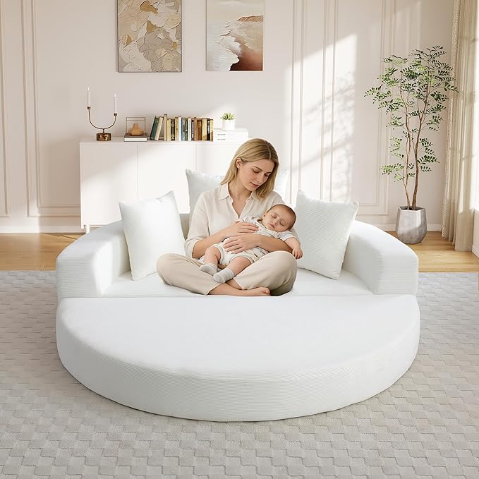 TTK 67” Oversized Round Sofa Bed 2 in 1 Convertible Circle Bed Folding Futon Lazy Floor Round Chaise Lounge Chair Comfy Corduroy Boneless Loveseat Couch for Living Room Apartment No Assembly (Beige)