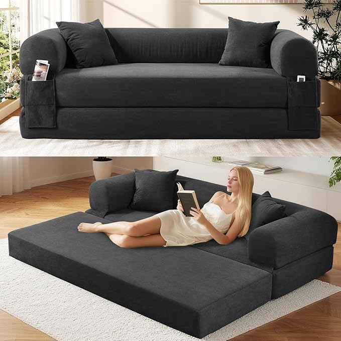 Convertible Futon Sofa Bed80 Folding Pull Out Couch Bed with Pillows &amp StorageQueen Sleeper Sofa BedCompressed Couch in a BoxCorduroy Boneless Couches for Living RoomDeep Gray