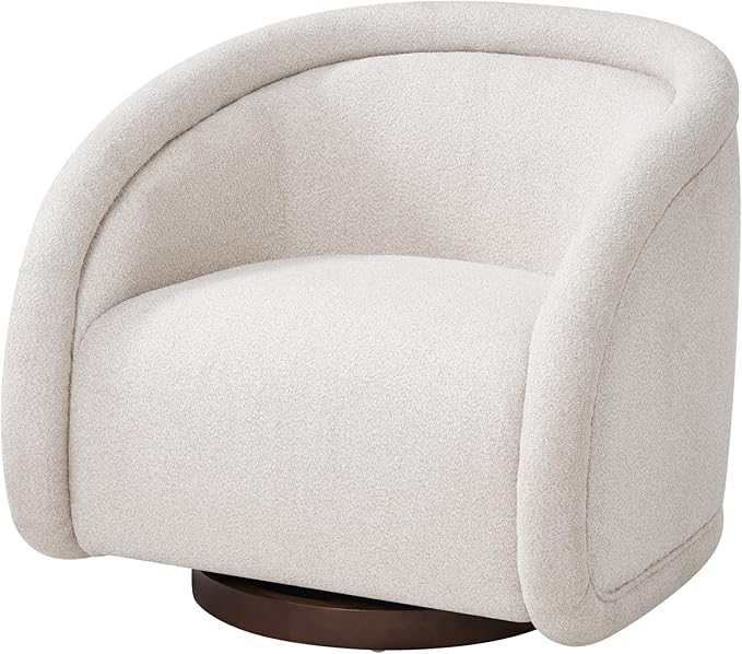 Scott Living Sabbo Beige Bouclé Swivel Chair with Walnut-Finished Solid Wood Base Comfy Swivel Accent Chair Upholstered Lounge Sofa Chair for Living Room/Bedroom Beige + Walnut
