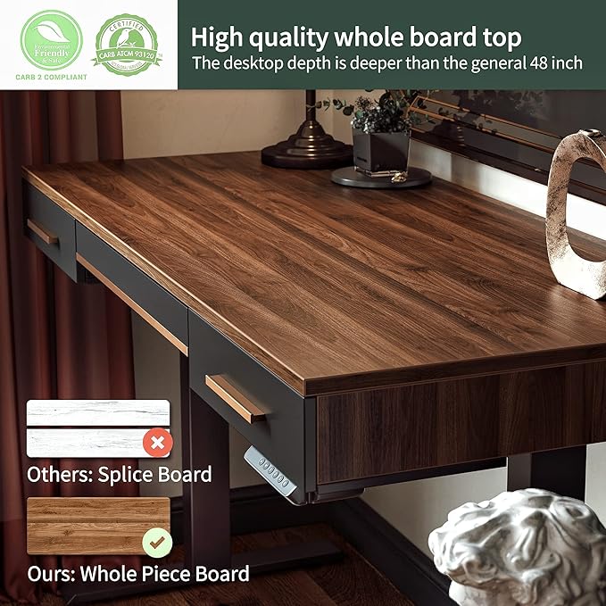 FEZIBO Mid Century Modern Electric Standing Desk with 3 Drawers 48 x 26 Inches Whole Piece Sit Stand Up Home Office Desk Black Walnut Top with Black Frame (2 Packages)