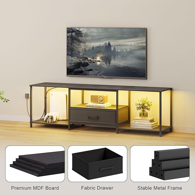 TV Stand with LED Lights Entertainment Center with Open Shelves and Fabric Drawer Media Console for 80 Inch TV Television Stands for Living Room Bedroom Black