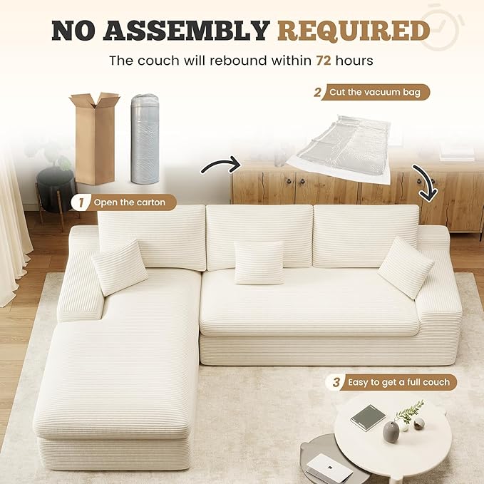 112 Modular Sectional Sofa for Living Room Convertible L-Shape Couch with OttomanCloud Boneless Couch with Layered CushionBeige Corduroy