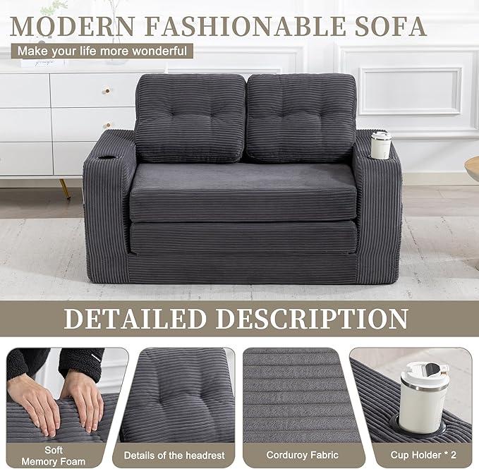 54 Convertible Sofa Bed 2-in-1 Boneless Folding Couch Bed with Cup Holder &amp Pocket Corduroy Fold Out Floor Couch with Pillows for Living Room Bedroom Small Spaces (Grey)
