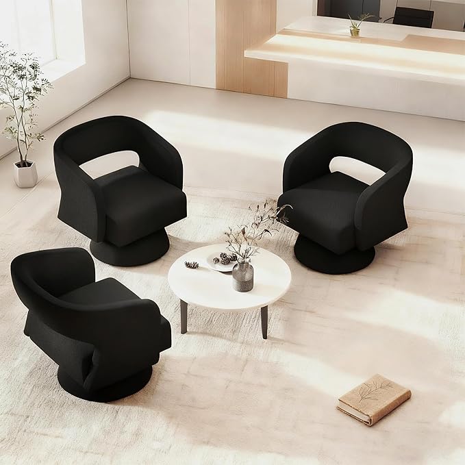 ClinQ Swivel Barrel Accent Chair Oversized Teddy Upholstered Round Swivel Chairs Set of 3 Modern Luxury 360° Living Room Vanity Chair for Bedroom Office&ampLiving Room Black