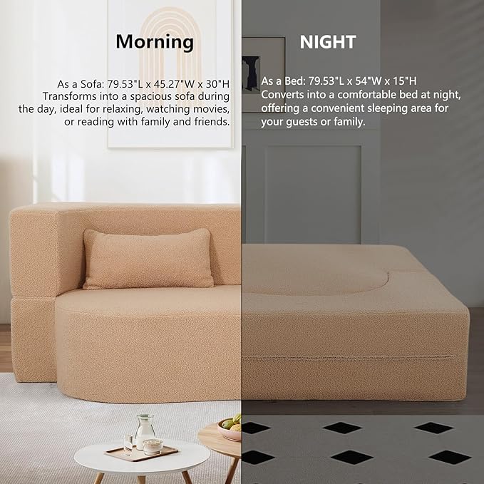 2-in-1 Convertible Sofa Bed 79 Memory Foam Boneless Couch Bed Full Size Love Seat Sleeper Sofa Floor Couch Loveseat with 2 Pillows for Living Room Bedroom Apartment Office (Apricot 79)