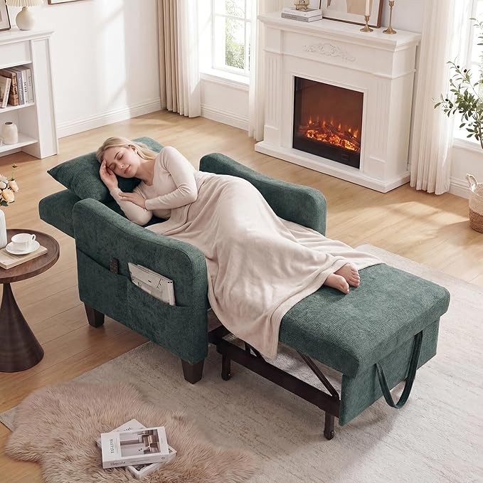 3 in 1 Convertible Sofa Bed Chair Pull Out Single Sleeper Chair Bed with Adjustable Backrest Modern Lounge Sofa for Small SpaceDark Green