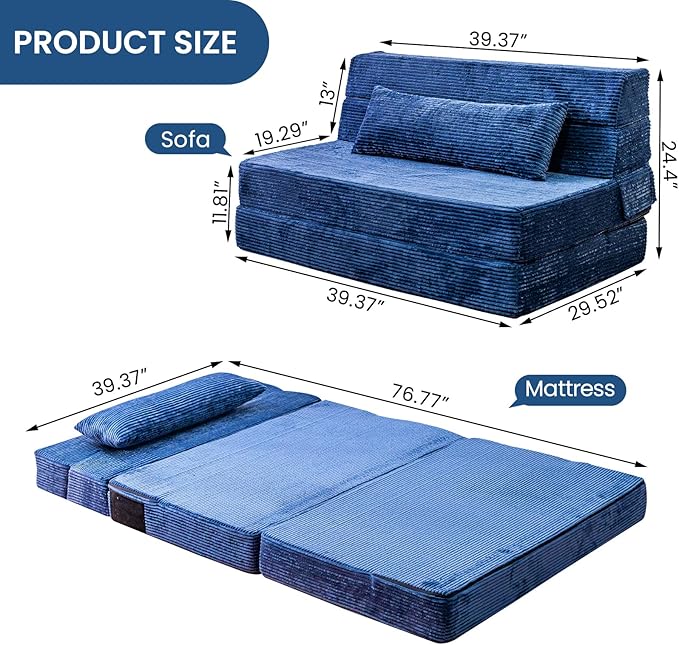 Folding Sofa Bed Convertible Sleeper Chair with Pillow High Density Memory Foam Fold Out Couch Foldable Mattress Futon Sofa for Living Room/Dorm/Guest Use/Apartment/Home Office