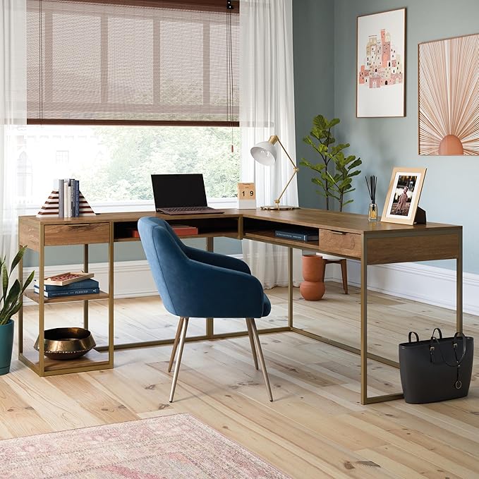 Sauder International Lux L-Shaped Desk Sindoori Mango Finish