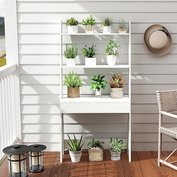 Tangkula Ladder Desk with Countertop &amp Drawer Home Office Computer Laptop Table with Open Shelves &amp Anti-Tip Kits Wall-Leaning Compact Working Station for Small Spaces (White)