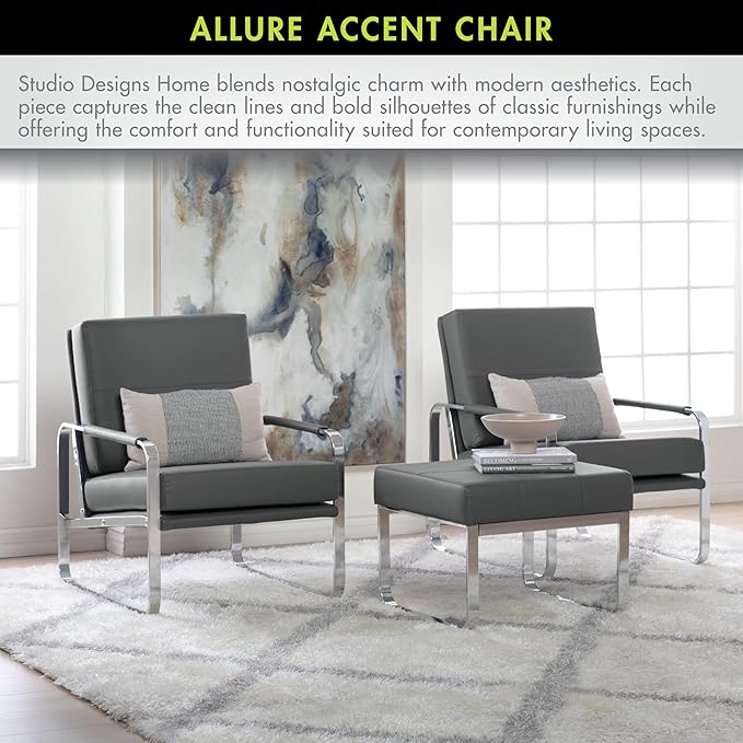 Studio Designs Home Allure Modern Accent Chair in Blended Leather Chrome/Smoke Gray