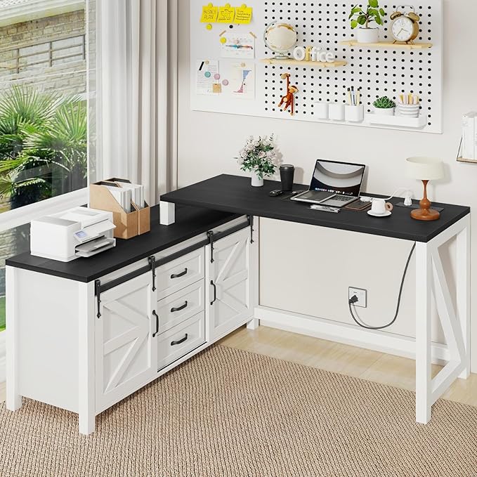 L Shaped Desk With Drawers Farmhouse Executive Wood Home Office With Power Outlet Rustic Reversible Computer With Storage Cabinet Double Sliding Barn Door and Adjustable Shelves