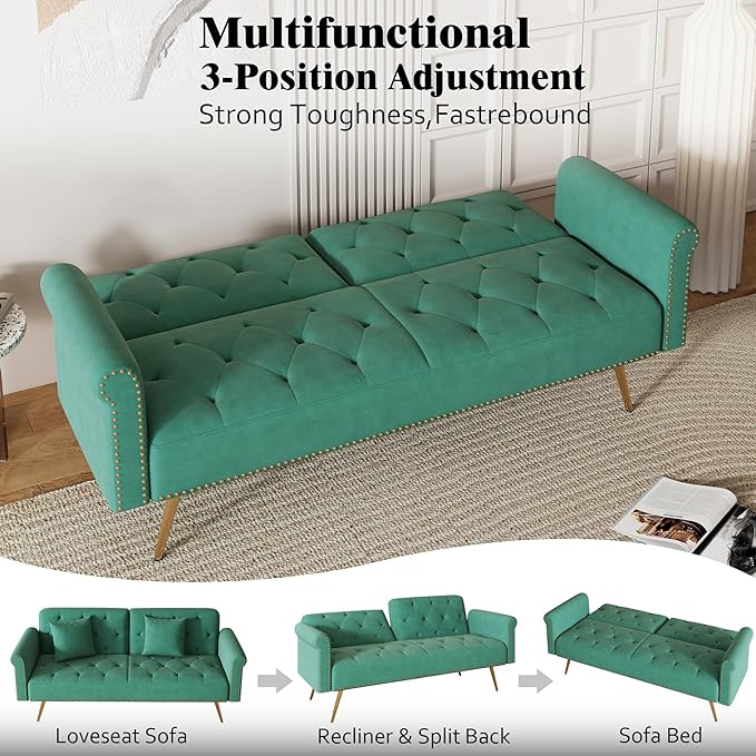 Stylish Velvet Sofa 70 Sofa Sleeper Convertible with Matching Pillows for Living RoomApartmentSmall Spaces (Green)